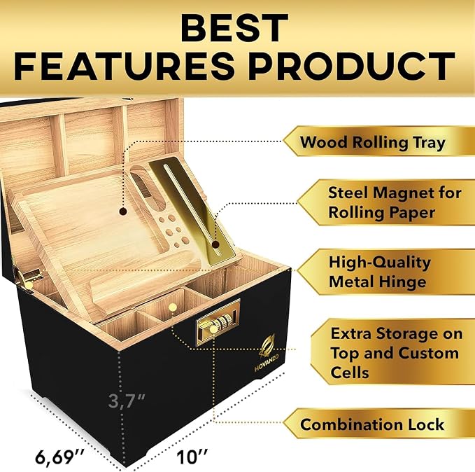 HOVANZO Premium Large Bamboo Storage Box with Removable Tray - Storage Wood Box for Herbs and Accessories - Storage Box Set with Combination Lock - Smell Proof Container with Accessories - Image 4