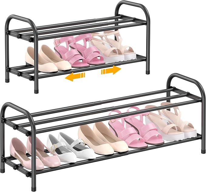 Hleelomi 2-Tier Expandable Shoe Rack for Entryway，Adjustable Metal Shoe Organizer for Closet,Living Room,Dorm,Black by Hleelomi