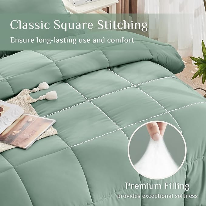 JOLLYVOGUE Twin Comforter Set, Ultra-Soft Bed in a Bag Twin Size 5 Pieces, Oeko-TEX Certified Bedding Set with Down Alternative Comforter, Sheets, Pillowcases & Shams, Sage Green