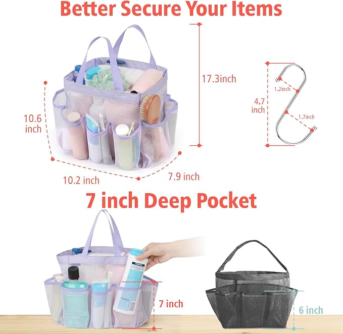 F-color Mesh Shower Caddy Portable, Upgrade Deeper 7 Pockets Shower Bag Basket Tote for College Dorm Room Toiletry Bathroom Essentials Gym Camp Quick Dry 2 handles with S Hook, Purple - Image 4