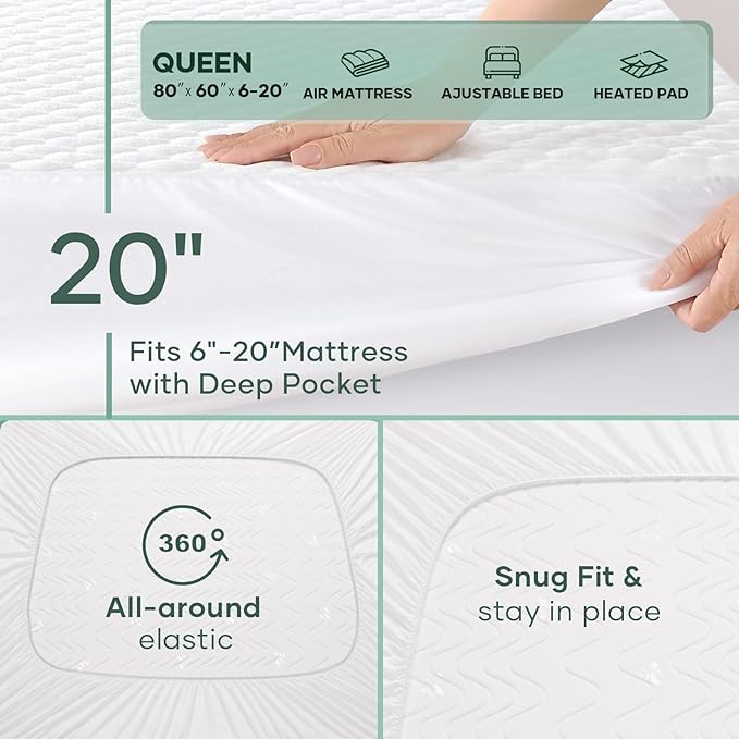 OhGeni 100% Waterproof Mattress Protector,Queen Size Mattress Soft Pad,Pet Hair & Bedwetting Resistant,Cooling Breathable Fitted Sheets,Washable Bed Cover,Non-Slip Deep Pocket,Noiseless for Bedroom