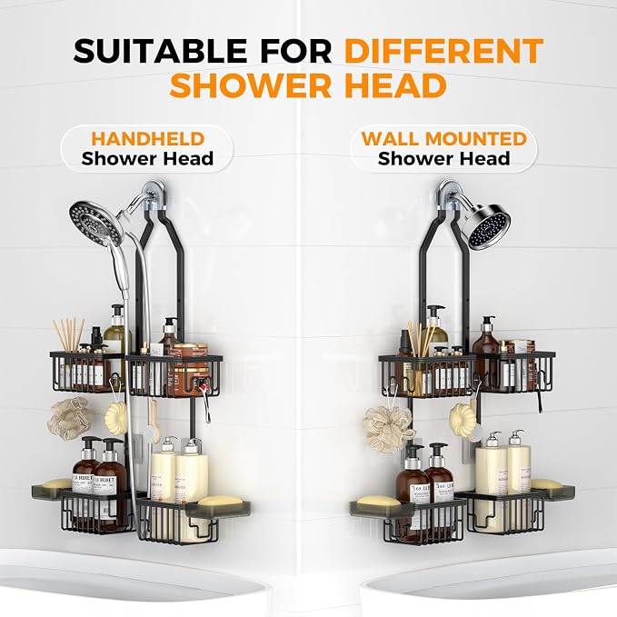REINHARDT Aluminum Shower Caddy Hanging Adjustable Shower Caddy, Rustproof Hanging Shower Organizer with Hooks Soap Holders, Over Shower Head Caddy for Handheld Showerhead, Black - Image 6