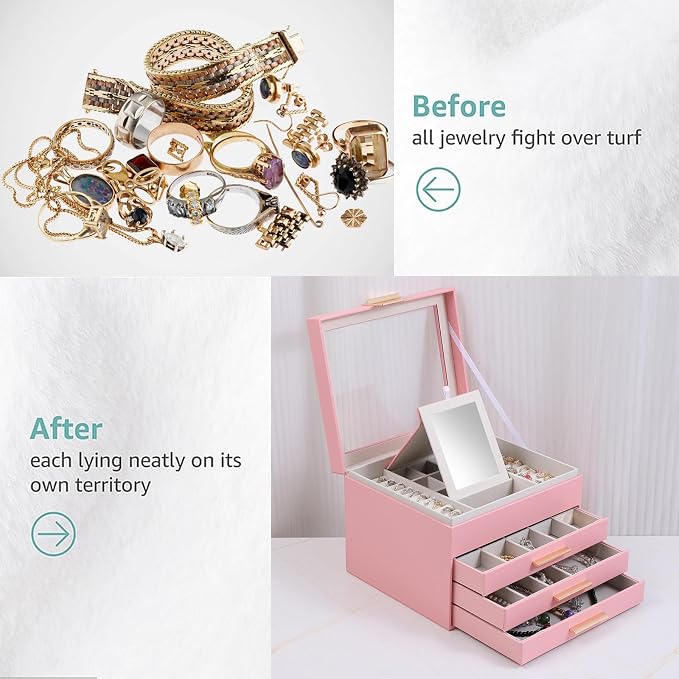 BOOVO Clear Lid Jewelry Box,4 Layers Jewelry Organizer Large Jewelry Storage Box with 3 Drawers,Jewelry Holder Organzier of Rings Earrings Necklace Bracelets for Women (Pink, 4 Layer) - Image 6