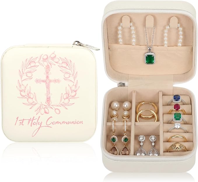 First Communion Travel Jewelry Box, Small Zippered Jewelry Case with Soft Lining, White Square Keepsake Box for Rings Earrings Necklaces, Religious Keepsake Gift for Baptism or Wedding (1, White) by Unknown