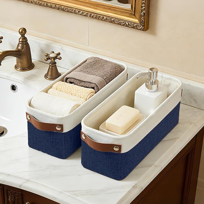 Bagnizer Small Fabric Storage Baskets, 15x6x5 inch Narrow Storage Bins 4-Pack Long Storage Basket for Organizing with Handles, Decorative Basket for Closets, Shelves, Toilet Paper, Navyblue - Image 4