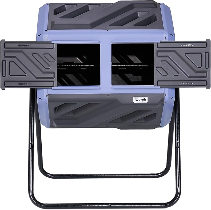 Werph Updated 43 Gallon Dual-Chamber Compost Bin, Fast Assembly Rotating Outdoor Compost Tumbler, Batch Composter with Gloves for Garden, Kitchen, and Yard Waste, Purple & Black by ColorYourLife