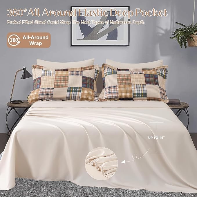 Comforter Set Queen Size Plaid Patchwork Comforter Bedding-7 Piece Bed in a Bag,Soft Fluffy Reversible Microfiber Bedding Set(1 Comforter,1 Flat Sheet,1 Fitted Sheet,2 Pillowcases,2 Pillow Shams)Beige
