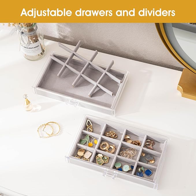 ProCase Earring Holder Organizer Jewelry Box with 8 Drawers, Acrylic Clear Earring Case with Adjustable Velvet Trays for Women - Grey, 8 Layers - Image 2