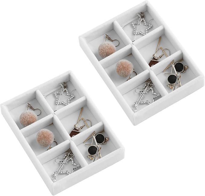 Frebeauty Small Jewelry Tray Set,Stackable Velvet Jewelry Organizer Tray,Mini Jewelry Drawer Organizer,Drawer Inserts,4.92 x 3.74 x 0.9 Inches,6 Grid Earring Organizer for Women(Set 2,White) by Frebeauty