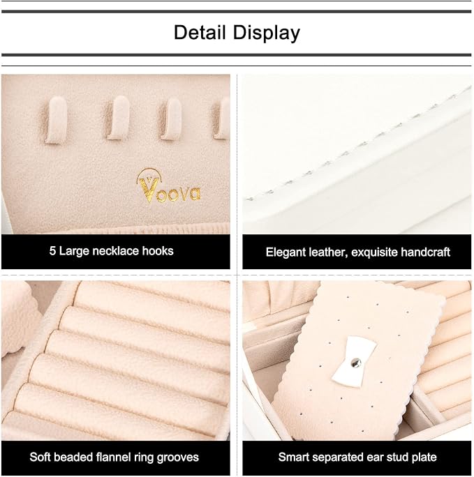 Voova Jewelry Box Organizer for Women Girls, 2 Layer Large Men Jewelry Storage Case, PU Leather Display Jewellery Holder with Removable Tray for Necklace Earrings Rings Bracelets (White, Small) - Image 3