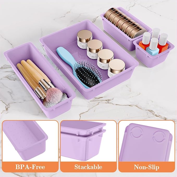 SpaceHacks 25 PCS Plastic Drawer Organizer Set, 4-Size Versatile Organizer Trays & Storage Bins for Makeup, Jewelry, and Gadgets in Bathroom, Bedroom and Office, Purple - Image 3