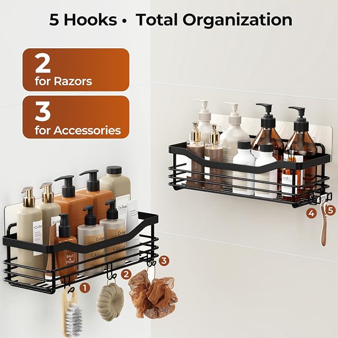 Orimade Shower Caddy Basket Shelf Storage Rack, No Drilling Wall Mounted Adhesive Rust Resistant Stainless Steel Shower Organizer with 5 Hooks for Bathroom, Black 2 Pack - Image 8