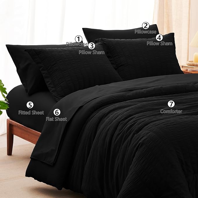 CozyLux King Size Comforter Set Black Seersucker 7 Pieces Bed in a Bag King Comforter Set with Sheets, Luxury Soft Bedding Sets with Down Alternative Comforter, Sheets, Pillowcases & Shams All Seasons