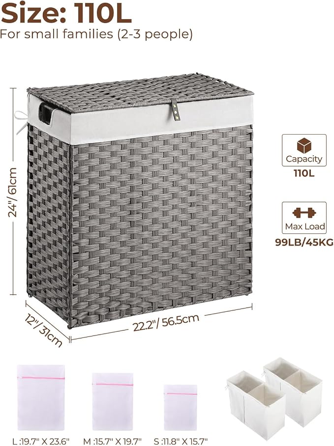 Greenstell Laundry Hamper with lid, No Install Needed, 110L Wicker Laundry Baskets Foldable 2 Removable Liner Bags, 2 Section Clothes Hamper Handwoven Rattan Laundry Basket with Handles, Gray - Image 6