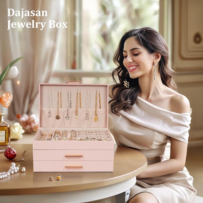 Dajasan Jewelry Box Organizer, 3-Tier Jewelry Storage Organizer with 2 Drawers, Large Jewelry Box for Girls Women, PU Leather Surface with Texture, Gift Idea, Modern Style (Pink) - Image 6