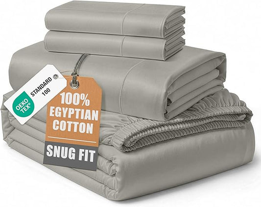 100% Egyptian Cotton Sheets King Size - Naturally Cooling & Breathable 4 Piece Silky Sateen Weave King Size Sheets Set, Ultra-Soft & Durable Hotel Luxury Sheets with 15" Snug Fit Deep Pockets - Silver