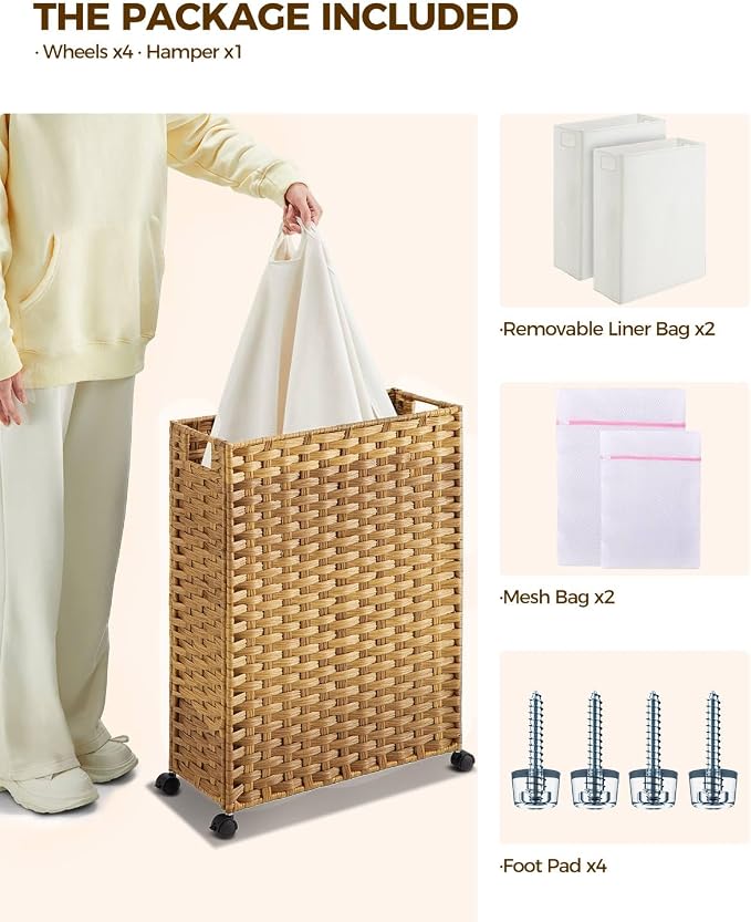 Greenstell Laundry Hamper with Wheels, 17.4 Gallon (66L) Slim Laundry Basket with 2 Removable Liner Bags & 2 Mesh Bags, Narrow Rattan Clothes Hamper for Bedroom, Laundry Room, Bathroom, Natural - Image 3