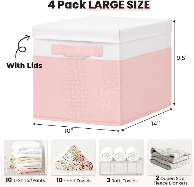 Large Closet Organizer Bins with Lids 4 Pack - 23 QT Collapsible Decorative Storage Boxes with Lids - Clothes Storage Bins with Handles - Fabric Containers for Living Room, Dorm, Nursery - Pink - Image 4