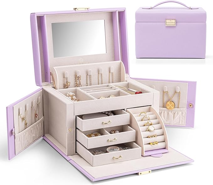Vlando Mirrored Jewelry Box Organizer, Leather Jewelry Storage Case, Necklaces Earrings Rings Brackets Box Holder, Purple by VLANDO