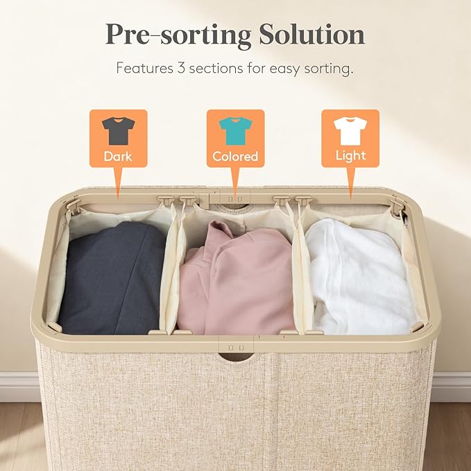 Lifewit 185L Large 3 Section Laundry Hamper with Lid, Plastic Laundry Basket with Bamboo Handles and Removable Bags, Tall Foldable Clothes Hamper for Bathroom Bedroom, Beige - Image 3