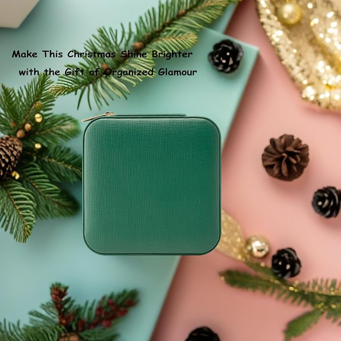 Vlando Small Travel Jewelry Box Organizer - Mirrored Jewelries Necklaces Rings Earrings Necklace Storage Case, Dark Green - Image 4