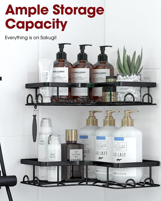 Sakugi Corner Shower Caddy - 2 Pack, Adhesive Shower Organizers, Rustproof Stainless Steel Shower Shelves with 8 Hooks, No Drilling Bathroom Organizers and Storage Racks, Space-Saving, Black, Large - Image 4