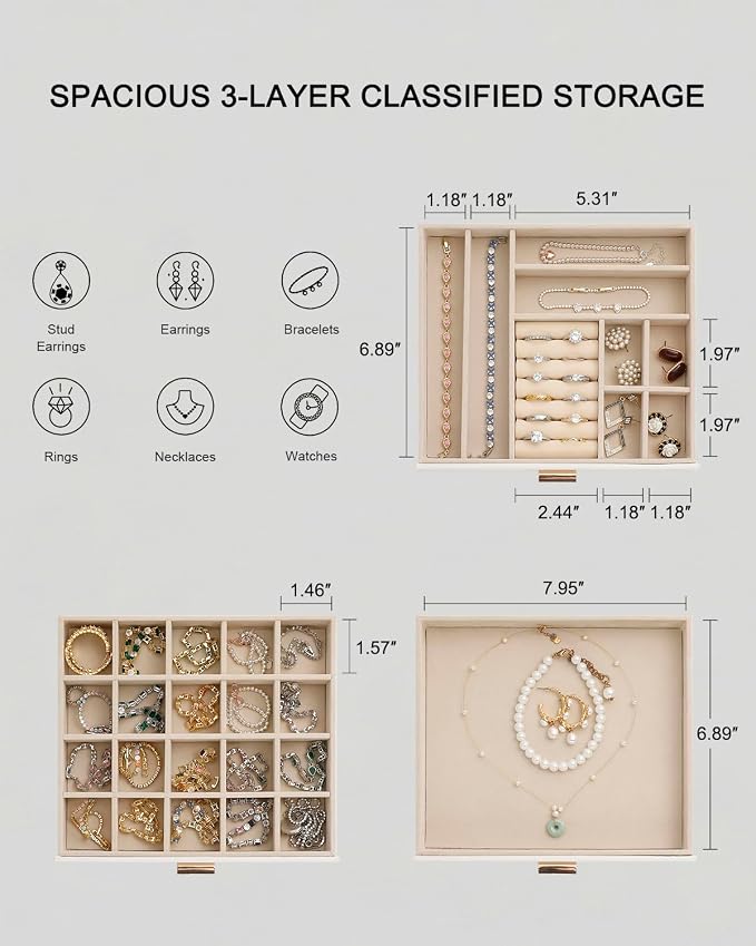 Jewelry Box with Glass Lid,3-Layer Jewelry Boxes for Women,PU Leather Jewelry Organizer with 20-Grid Earring Drawer & Movable Dividers for Necklaces Rings - Cloud White - Image 3