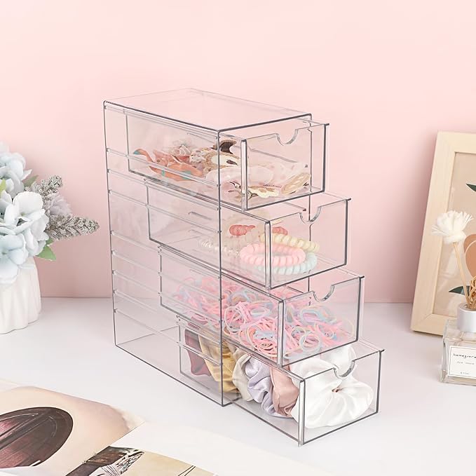Hipiwe Plastic Drawer Organizer Clear Hair Accessories Organizer Box with 4 Pull Out Drawer Compact Storage Box for Cabinet Vanity Bathroom Pantry Office or Closet Organization - Image 6