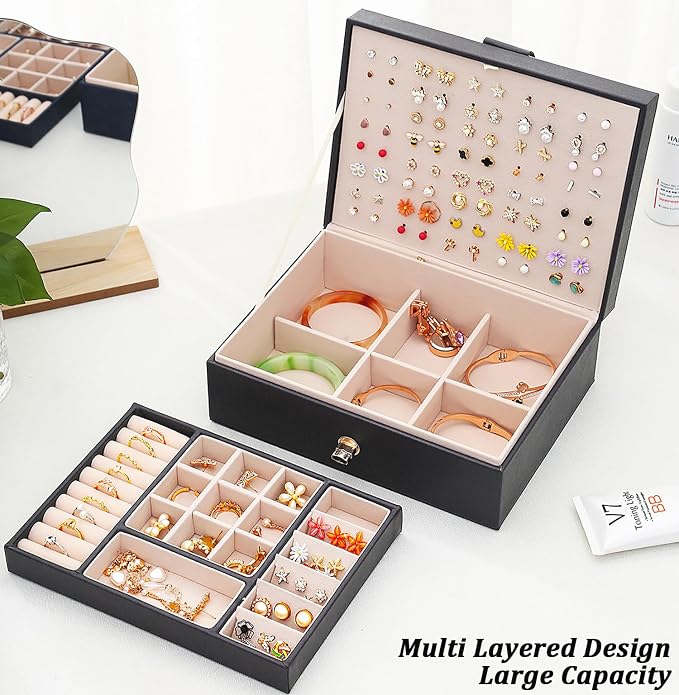 Earrings Jewelry Box for Girls, Large Capacity Jewelry Organizer with 40-Pair Earring Board, 2-Layer Leather Jewelry Storage Box for Necklaces Rings Bracelets with Removable Tray(Gift Idea),Black - Image 2