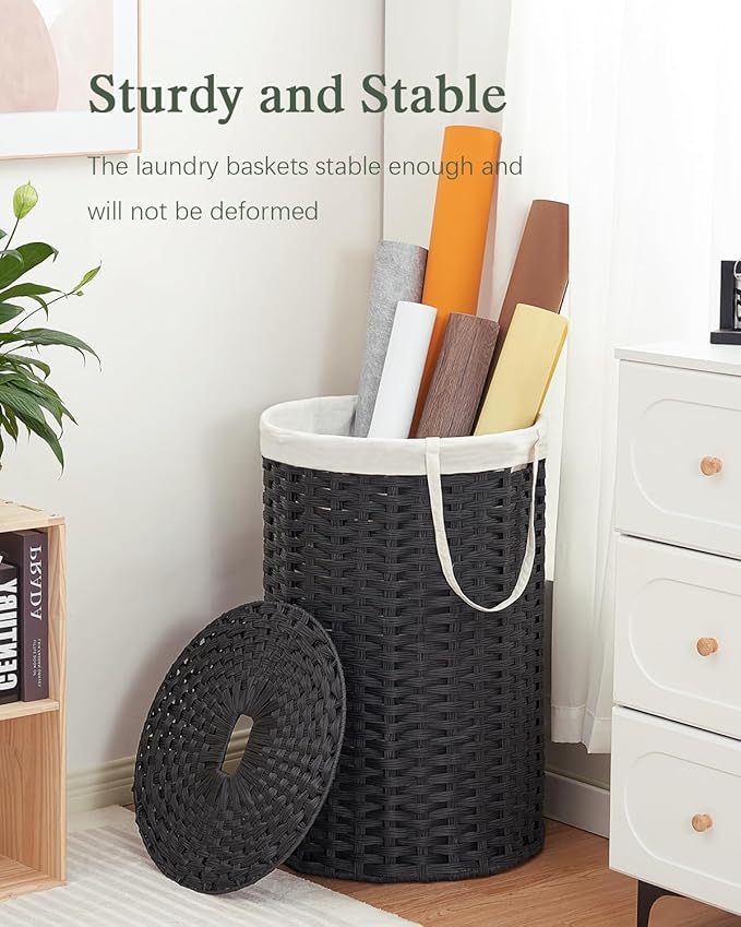 SETVSON Large Laundry Hamper Laundry Basket Round 34.3 Gal (130 L) Handwoven Wicker Laundry Baskets Rattan Laundry Basket with Laundry Bag Handles 2 Mesh Bags for Living Room Bedroom Black - Image 6