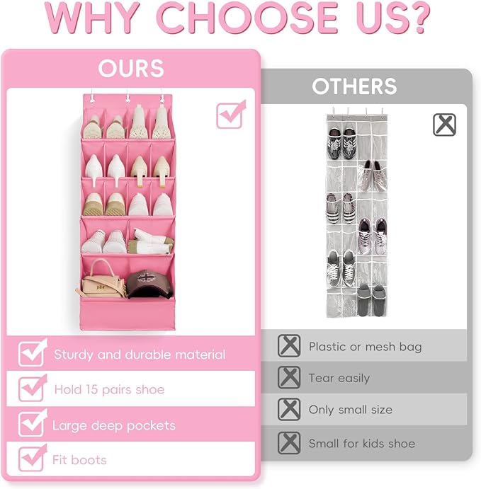 FENTEC 1 Pack Over-the-Door-Shoe-Organizers, Hanging Shoe Organizers with Large Pocket Shoe Holder Hanging Shoe Rack for Closet Shoes Organizer for Wall, Over Door Organizer with 15 Pockets Pink - Image 6