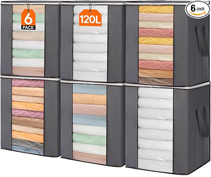 Lifewit 120L Extra Large Blanket Storage Bags, Foldable Comforter Storage with Reinforced Handles, Clothes Storage Containers for King Comforter, Bedding, Pillow, Sheet, Storage Bin with Lids 6 Pack