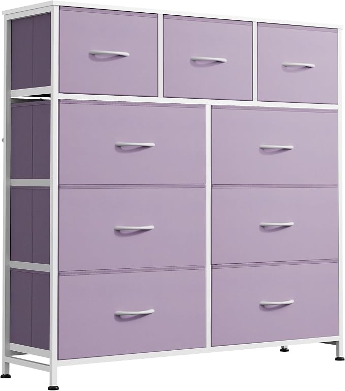 WLIVE 9 Drawer Dresser, Fabric Storage Tower for Bedroom, Hallway, Closet, Tall Chest Organizer Unit for Bedroom with Fabric Bins, Steel Frame, Wood Top, Easy Pull Handle, Purple by WLIVE