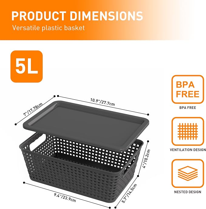 Plastic Storage Baskets With Lid, Storage Bins for Organizing, Stackable Decorative Containers for Shelves Drawers Desktop Closet Playroom Classroom Office,10 Pack-Grey - Image 2