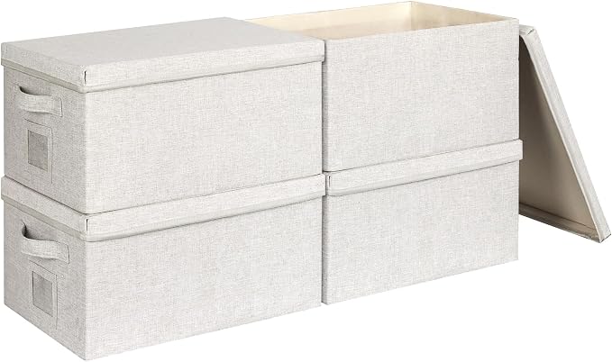 Large 17''x12'' Quart Collapsible Stackable Storage Bins with Lids, 4 Packs Off White Fabric Closet Boxes with Lids, Storage Cube Baskets Container Organizers for Bedroom Office(17''x12.2x''8'') by GraciadecoStorage