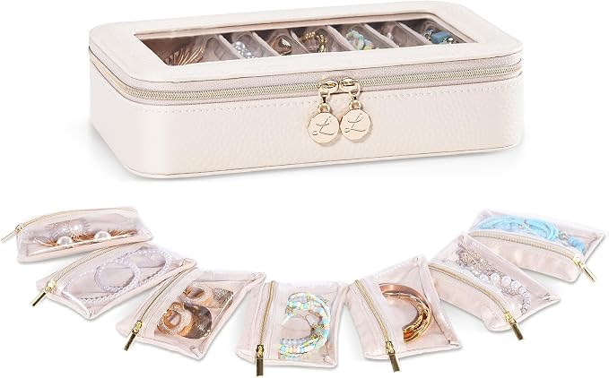 Lolalet 8 in 1 Travel Jewelry Case with Velvet Pouches, Clear Window Travel Jewelry Organizer Bags for Earrings, Bracelets, Necklaces and Rings, Compact Jewelry Storage for Women Girls -Beige, 7PCS by Lolalet