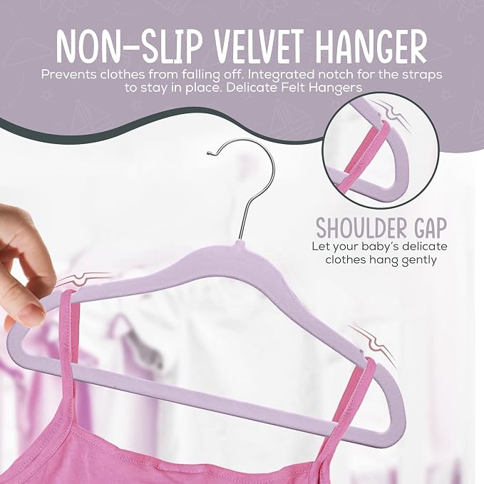 TechZoo 50 Premium Velvet Baby Hangers 11.8" Inch Non-Slip Infant, Ultra Slim Space-Saving Children Closet Hangers, 360° Swivel Hook, Strong & Durable Baby Toddler Kids Clothes Hanger, Purple - Image 6