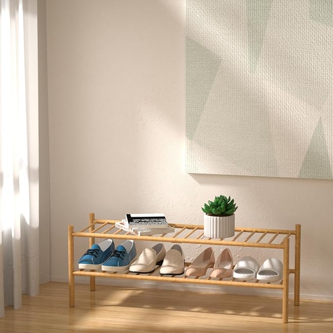 ROMGUAR CRAFT 2-Tier Bamboo Long Shoe Rack, Free Standing Wood Shoe Shelf Storage Organizer for Closet Entryway Stackable 35"x11"x13" (Natural) - Image 2