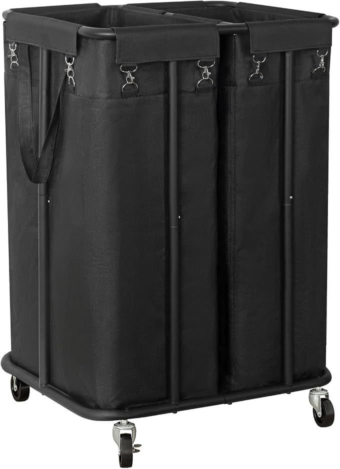 WOWLIVE Double Laundry Hamper with Wheels 170L Rolling Laundry Basket Organizer Laundry Cart with Steel Frame and Removable Bags Large Dirty Clothes Hamper Dorm Room Storage for Bedroom (Black) by WOWLIVE