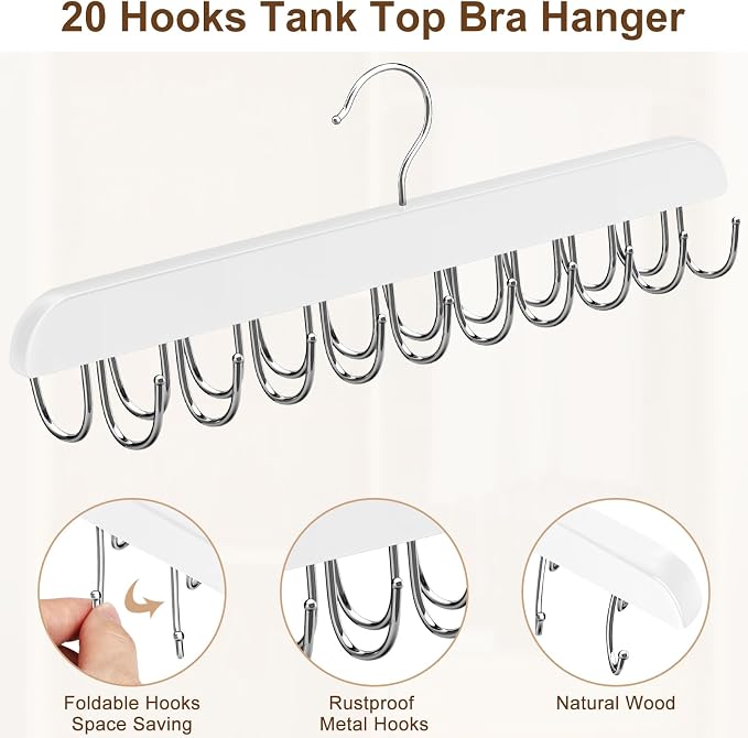 Resovo Bra Hanger for Closet, Tank Top Hanger 20 Hooks Capacity Foldable Wood Space Saving Hangers Closet Organizers and Storage for Dorm & Apartment for Tank Top, Bra, Scarf etc. - Image 4