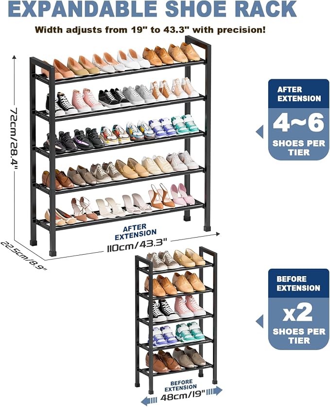 Mavivegue 5-Tier 19"-43.3" Adjustable Shoe Rack for Closet,Expandable Shoe Rack, Hall Entryway,Front Door,Garage, Sturdy Steel Space-Saving Rack, Black​ - Image 3
