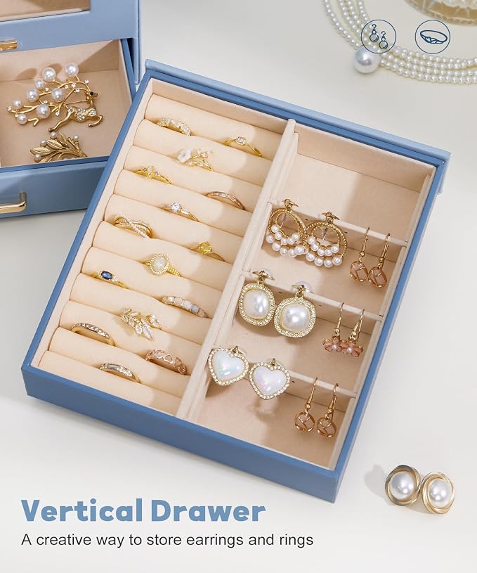 Homde Jewelry Organizer Girls Women Jewelry Box for Necklaces Rings Earrings Gift Bracelets Storage Case (Grey Blue + Gold) - Image 5