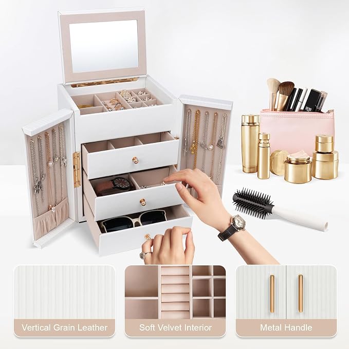 Dajasan Large Jewelry Box Organizer, Jewelry Storage Organizer with 3 Drawers, Huge Jewelry Box with Mirror for Women Girls, Double Door, Textured PU Leather, Gift Idea, Stylish (White + Gold) - Image 4