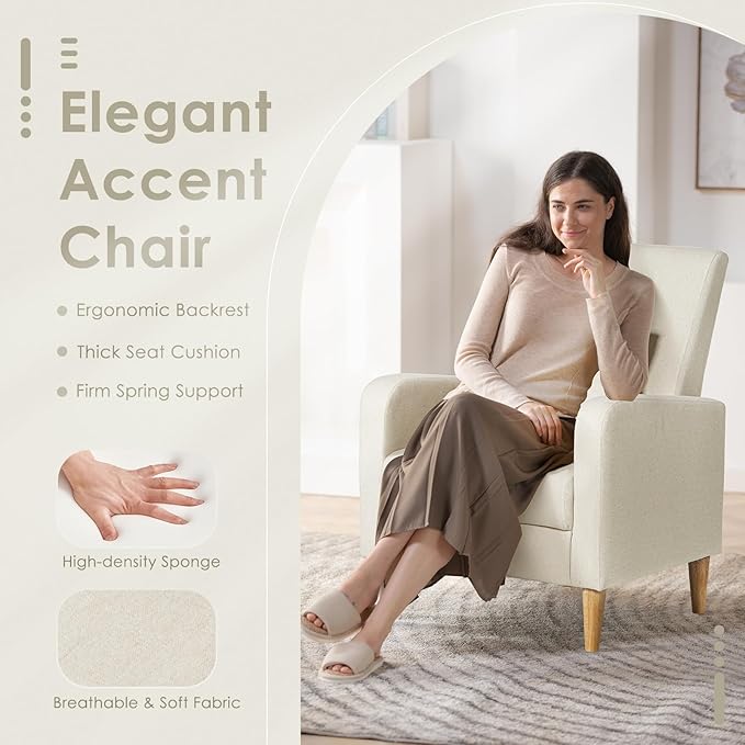 COLAMY Sherpa Upholstered Accent Chair Armchair with Pillow, Fabric Reading Living Room Side Chair,Single Sofa with Lounge Seat and Wood Legs, Cream