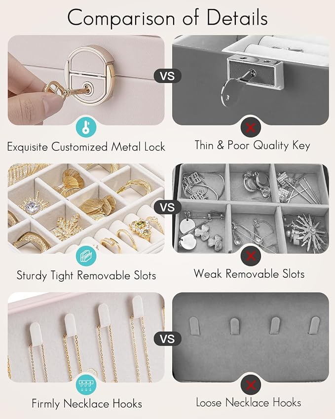 VLANDO 2 Layer Jewelry Box,Jewelry Organizer Storage Lockable Earring Organizer Removable Jewelry Tray with Watch Pillow for Neckable Ring Bracelets-Apricot Pink - Image 6