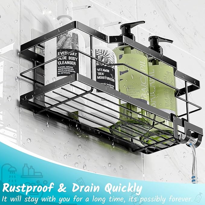 Moforoco Shower Caddy Shelf Organizer Rack, Self Adhesive Black Bathroom Shelves Basket, Home Farmhouse Wall Inside Organization and Storage Decor Rv Accessories, First Camper Apartment Essentials - Image 4