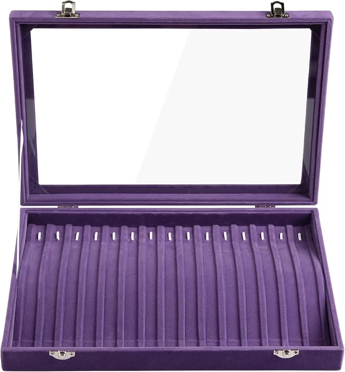 Frebeauty 15 Hooks Necklace Tray Velvet Neckalce Organizer with Clear Lid Lockable Necklace Holder Box Jewelry Organizer for Pendants Chains Necklace Jeweley Tray for Women (Purple) - Image 4