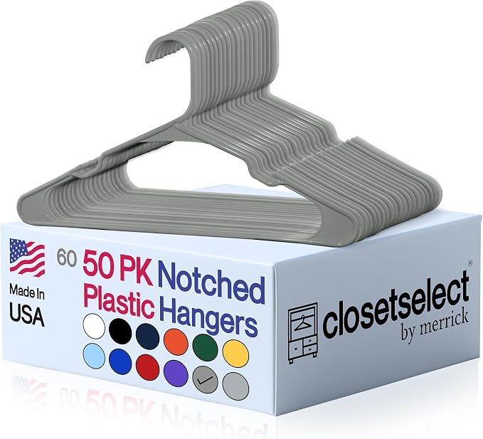 Closetselect Plastic Hangers 50 Pack - Space Saving Clothes Hangers, Made in USA, Durable & Strong Plastic Shirt & Coat Hanger with Notches & Shoulder Grooves, Non-Slip Clothing Hangers | Silver Hail by closetselect