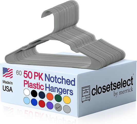 Closetselect Plastic Hangers 50 Pack - Space Saving Clothes Hangers, Made in USA, Durable & Strong Plastic Shirt & Coat Hanger with Notches & Shoulder Grooves, Non-Slip Clothing Hangers | Silver Hail by closetselect