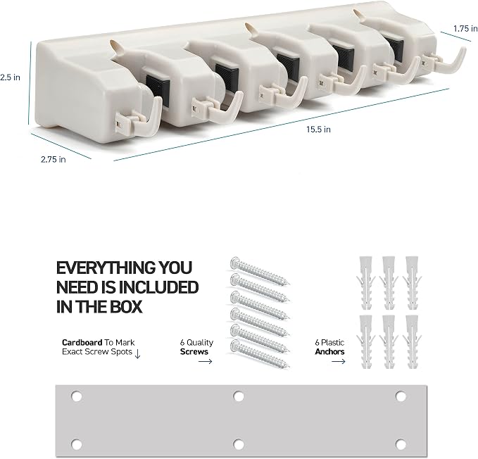 HOME IT Mop And Broom Holder Wall Mount - Garage Storage Systems with 5 Slots, 6 Hooks, 7.5lbs Capacity Per Slot - Garden Tool Organizer For Home, Kitchen, Closet, Garage, Laundry Room - Off-White - Image 2